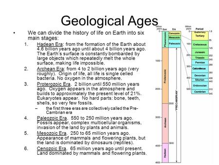 Geological Ages We can divide the history of life on Earth into six main stages: Hadean Era: from the formation of the Earth about 4.6 billion years ago.