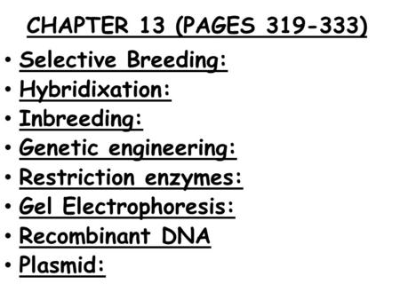 CHAPTER 13 (PAGES ) Selective Breeding: Hybridixation: Inbreeding: