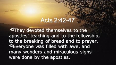 Acts 2:42-47 42 They devoted themselves to the apostles’ teaching and to the fellowship, to the breaking of bread and to prayer. 43 Everyone was filled.