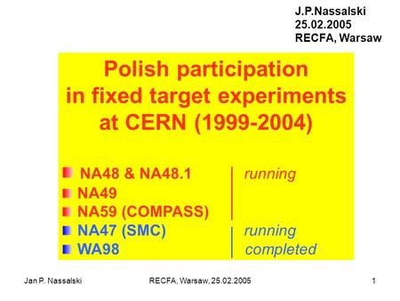 Jan P. NassalskiRECFA, Warsaw, 25.02.20051 Polish participation in fixed target experiments at CERN (1999-2004) NA48 & NA48.1 running NA49 NA59 (COMPASS)