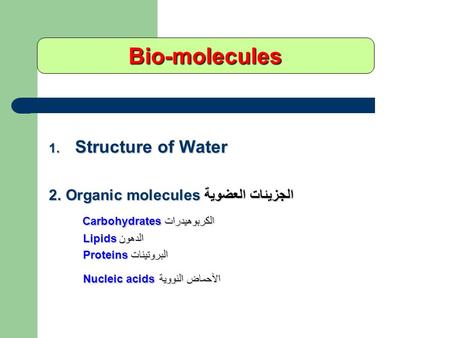 Bio-molecules 1. Structure of Water 2. Organic molecules الجزيئات العضوية Carbohydrates الكربوهيدرات Carbohydrates الكربوهيدرات Lipids الدهون Lipids الدهون.