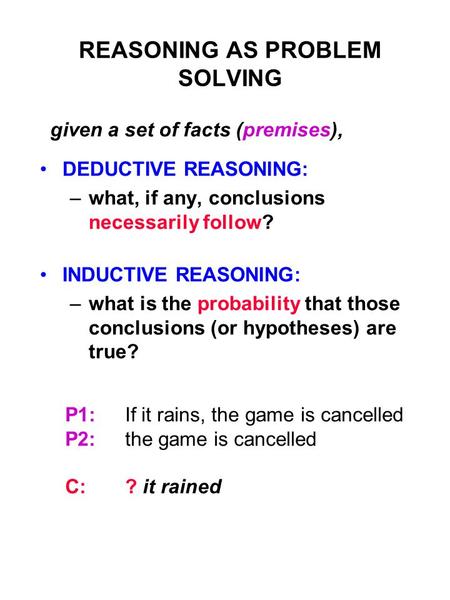 REASONING AS PROBLEM SOLVING DEDUCTIVE REASONING: –what, if any, conclusions necessarily follow? INDUCTIVE REASONING: –what is the probability that those.