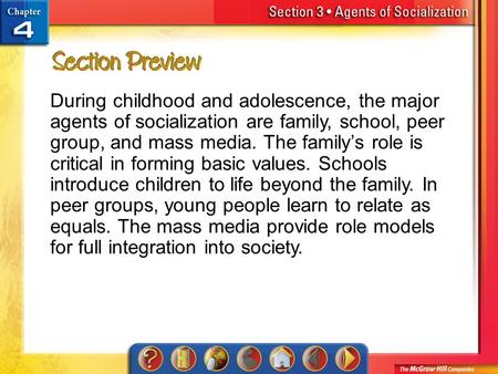 During childhood and adolescence, the major agents of socialization are family, school, peer group, and mass media. The family’s role is critical in forming.