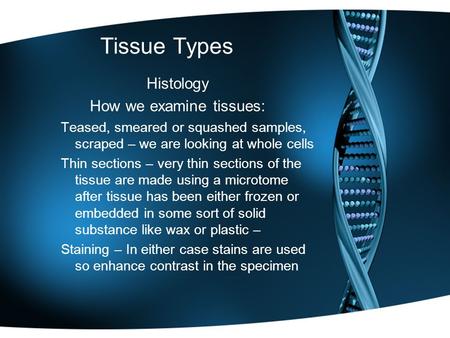 Tissue Types Histology How we examine tissues: Teased, smeared or squashed samples, scraped – we are looking at whole cells Thin sections – very thin sections.