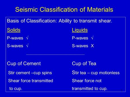 1 Seismic Classification of Materials Basis of Classification: Ability to transmit shear. SolidsLiquids P-waves √P-waves √ S-waves √S-waves X Cup of CementCup.