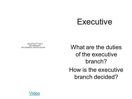Executive What are the duties of the executive branch? How is the executive branch decided? Video.