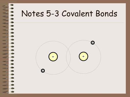 Notes 5-3 Covalent Bonds + - + -. COVALENT BOND A force that bonds two atoms together by a sharing of electrons Each pair of shared electrons creates.
