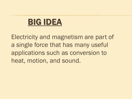 BIG IDEA Electricity and magnetism are part of a single force that has many useful applications such as conversion to heat, motion, and sound.
