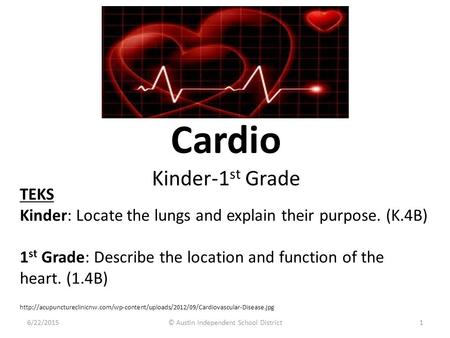 Cardio Kinder-1 st Grade 1 TEKS Kinder: Locate the lungs and explain their purpose. (K.4B) 1 st Grade: Describe the location and function of the heart.
