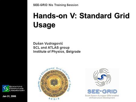 Jan 31, 2006 SEE-GRID Nis Training Session Hands-on V: Standard Grid Usage Dušan Vudragović SCL and ATLAS group Institute of Physics, Belgrade.