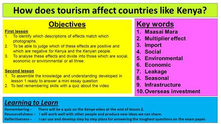How does tourism affect countries like Kenya? Objectives First lesson 1.To identify which descriptions of effects match which photographs. 2.To be able.