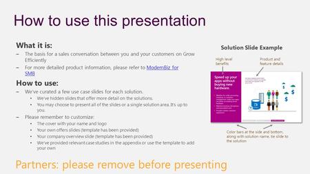 How to use this presentation What it is: – The basis for a sales conversation between you and your customers on Grow Efficiently – For more detailed product.