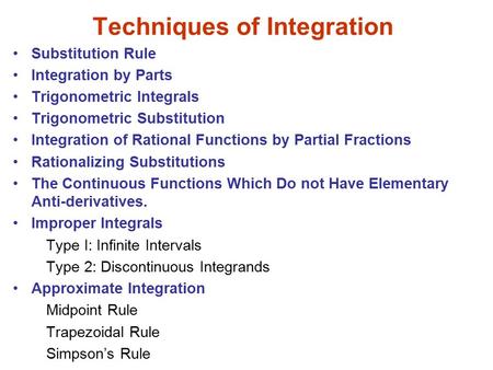Techniques of Integration Substitution Rule Integration by Parts Trigonometric Integrals Trigonometric Substitution Integration of Rational Functions by.