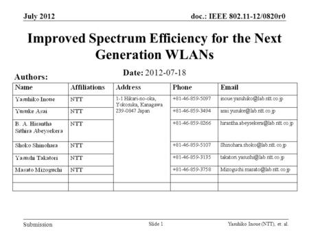 Doc.: IEEE 802.11-12/0820r0 Submission July 2012 Yasuhiko Inoue (NTT), et. al.Slide 1 Improved Spectrum Efficiency for the Next Generation WLANs Date: