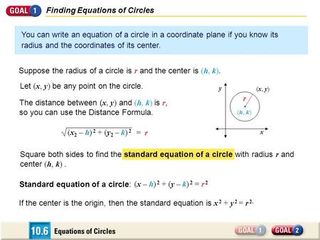 Square both sides to find the standard equation of a circle with radius r and center (h, k). Finding Equations of Circles You can write an equation of.