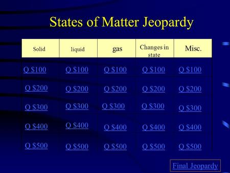 Solid liquid gas Changes in state Misc. Q $100 Q $200 Q $300 Q $400 Q $500 Q $100 Q $200 Q $300 Q $400 Q $500 Final Jeopardy States of Matter Jeopardy.