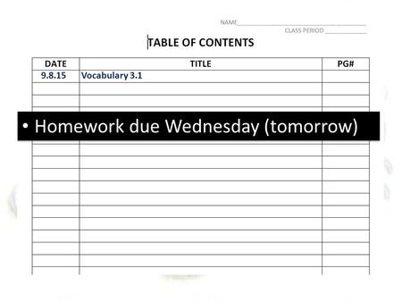 9.8.15Vocabulary 3.1 Homework due Wednesday (tomorrow)