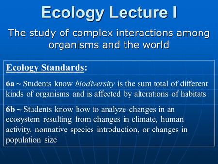 Ecology Lecture I The study of complex interactions among organisms and the world Ecology Standards: 6a ~ Students know biodiversity is the sum total of.