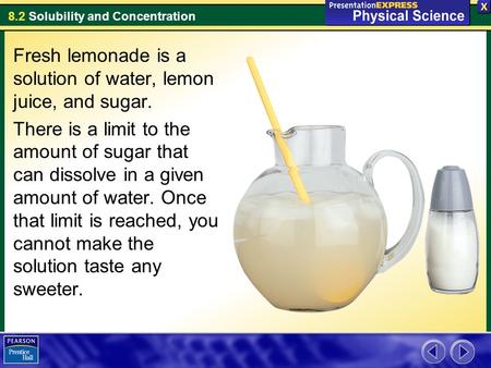 Fresh lemonade is a solution of water, lemon juice, and sugar.