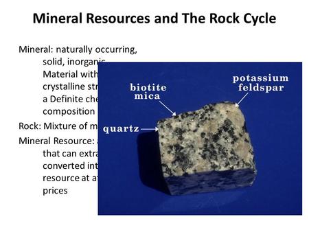 Mineral Resources and The Rock Cycle Mineral: naturally occurring, solid, inorganic Material with a crystalline structure and a Definite chemical composition.