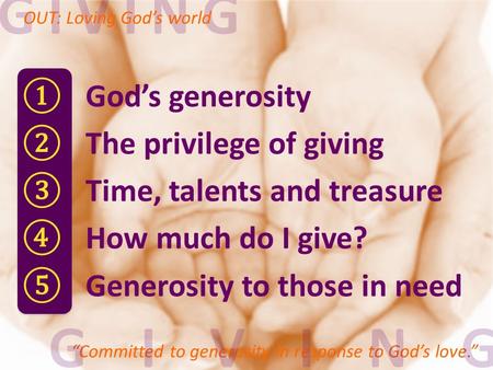 ①God’s generosity ②The privilege of giving ③Time, talents and treasure ④How much do I give? ⑤Generosity to those in need GIVING OUT: Loving God’s world.