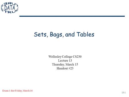 13-1 Sets, Bags, and Tables Exam 1 due Friday, March 16 Wellesley College CS230 Lecture 13 Thursday, March 15 Handout #23.