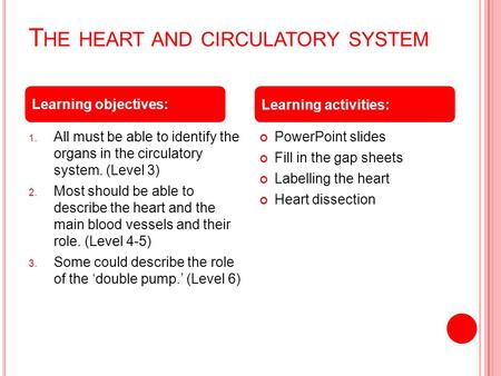 T HE HEART AND CIRCULATORY SYSTEM 1. All must be able to identify the organs in the circulatory system. (Level 3) 2. Most should be able to describe the.