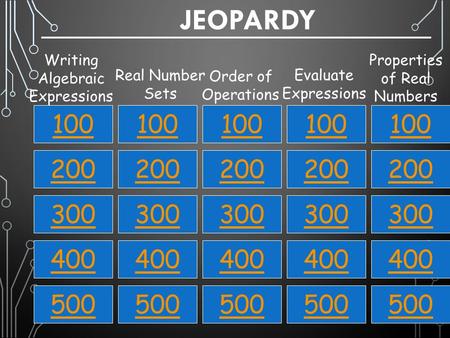 Jeopardy Writing Algebraic Expressions Properties of Real Numbers