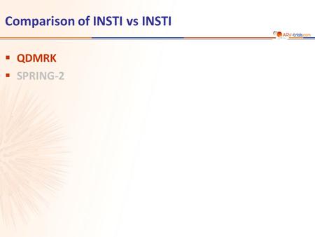 Comparison of INSTI vs INSTI  QDMRK  SPRING-2. Eron JJ, Lancet Infect Dis 2011;11:907-15 QDMRK  Design  Objective –Non inferiority of RAL QD: % HIV.