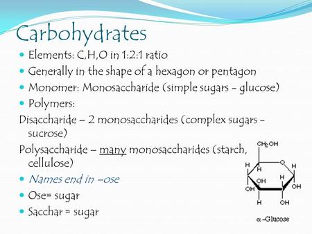Carbohydrates Elements: C,H,O in 1:2:1 ratio
