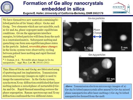Formation of Ge alloy nanocrystals embedded in silica Eugene E. Haller, University of California-Berkeley, DMR 0902179 Ge-Au particles Above: Transmission.