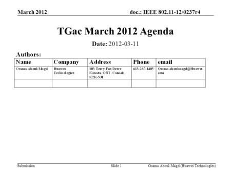 Doc.: IEEE 802.11-12/0237r4 Submission March 2012 Osama Aboul-Magd (Huawei Technologies)Slide 1 TGac March 2012 Agenda Date: 2012-03-11 Authors: