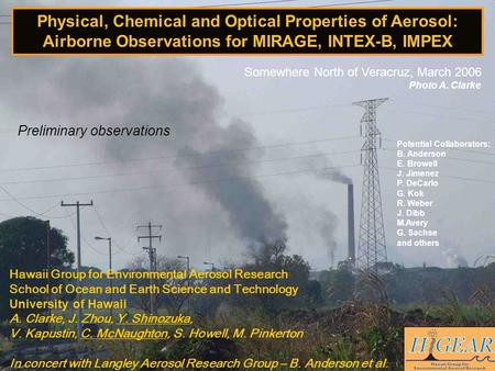 Physical, Chemical and Optical Properties of Aerosol: Airborne Observations for MIRAGE, INTEX-B, IMPEX Hawaii Group for Environmental Aerosol Research.