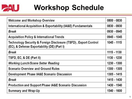 1 Workshop Schedule Welcome and Workshop Overview0800 - 0830 International Acquisition & Exportability (IA&E) Fundamentals0830 - 0930 Break 0930 - 0945.