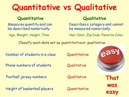 Quantitative vs Qualitative QuantitativeQualitative Measures quantity and can be described numerically. Age, Weight, Height, Time Describes a category.