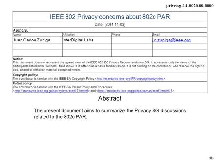 Privecsg-14-0020-00-0000 ‹#› IEEE 802 Privacy concerns about 802c PAR Date: [2014-11-03] Authors: NameAffiliationPhoneEmail Juan Carlos ZunigaInterDigital.