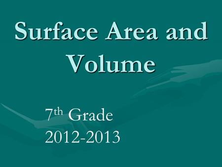 Surface Area and Volume 7 th Grade 2012-2013. Surface Area of Prisms Surface Area = The total area of all the surfaces of a three- dimensional object.