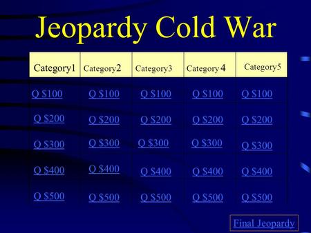 Jeopardy Cold War Category1 Category 2 Category3 Category 4 Q $100 Q $200 Q $300 Q $400 Q $500 Q $100 Q $200 Q $300 Q $400 Q $500 Final Jeopardy Category5.