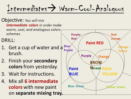 Intermediates  Warm-Cool-Analogous Objective: You will mix intermediate colors in order make warm, cool, and analogous colors schemes. DRILL: 1.Get a.