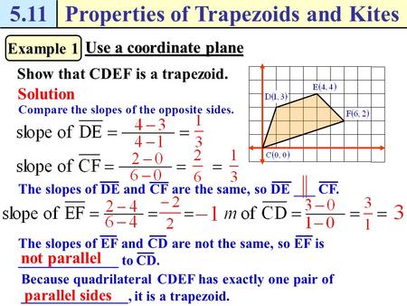 5.11Properties of Trapezoids and Kites Example 1 Use a coordinate plane Show that CDEF is a trapezoid. Solution Compare the slopes of the opposite sides.