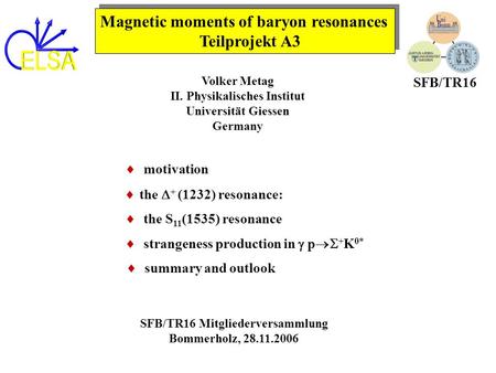 Magnetic moments of baryon resonances Teilprojekt A3 Volker Metag II. Physikalisches Institut Universität Giessen Germany SFB/TR16 Mitgliederversammlung.