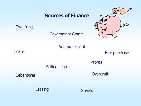 Sources of Finance Own funds Profits Loans Overdraft Hire purchase Leasing Selling assets Venture capital Shares Debentures Government Grants.