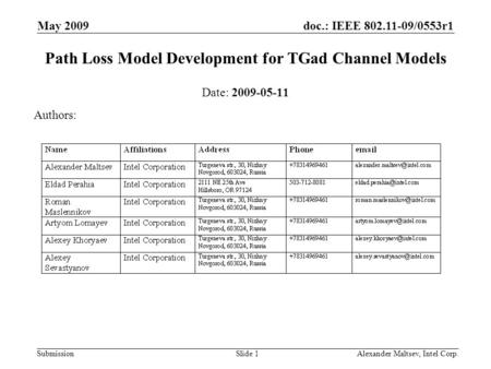 Doc.: IEEE 802.11-09/0553r1 Submission May 2009 Alexander Maltsev, Intel Corp.Slide 1 Path Loss Model Development for TGad Channel Models Date: 2009-05-11.