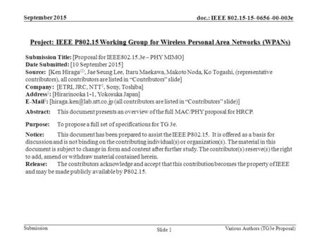 Doc.: IEEE 802.15-15- 0656 -00-003e Submission September 2015 Various Authors (TG3e Proposal) Slide 1 Project: IEEE P802.15 Working Group for Wireless.