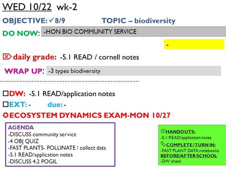 WED 10/22 wk-2 OBJECTIVE: 8/9 TOPIC – biodiversity DO NOW :  daily grade: -5.1 READ / cornell notes WRAP UP :  DW: -5.1 READ/application notes  EXT: