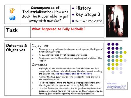 Outcomes & Objectives Objectives To use primary evidence to discover what injuries the Rippers’ first victim suffered To assess the reliability of newspaper.