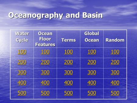 Oceanography and Basin WaterCycle Ocean Floor Features TermsGlobalOceanRandom 100 200 300 400 500.