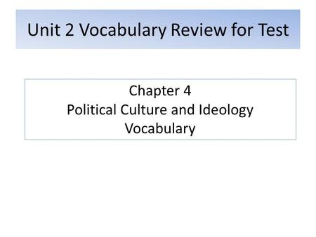 Unit 2 Vocabulary Review for Test Chapter 4 Political Culture and Ideology Vocabulary.