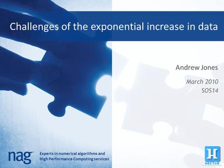 Experts in numerical algorithms and High Performance Computing services Challenges of the exponential increase in data Andrew Jones March 2010 SOS14.