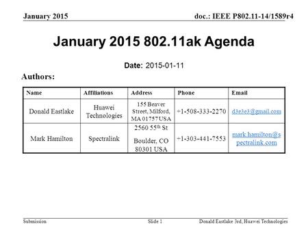 Doc.: IEEE P802.11-14/1589r4 Submission January 2015 Donald Eastlake 3rd, Huawei TechnologiesSlide 1 January 2015 802.11ak Agenda Date: 2015-01-11 Authors: